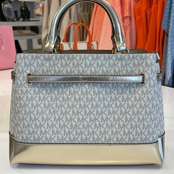 MICHAEL KORS 
Reed Large CZ Graphic Logo Belted Satchel
Vanilla /Pale Gold 
NWT - Picture 11 of 16